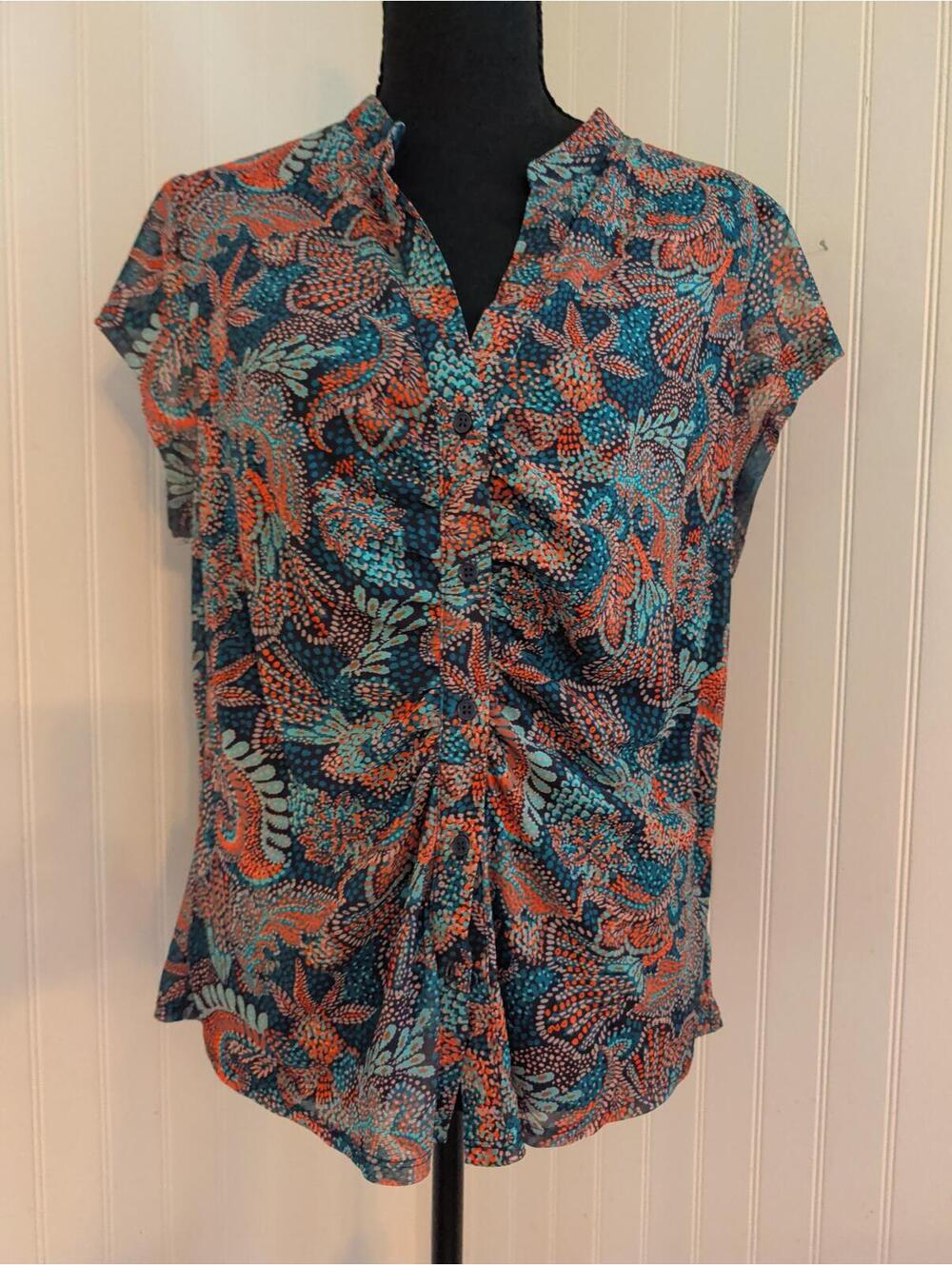 DR2 Women's Colorful Front Ruching Printed Button-Up Blouse XL
